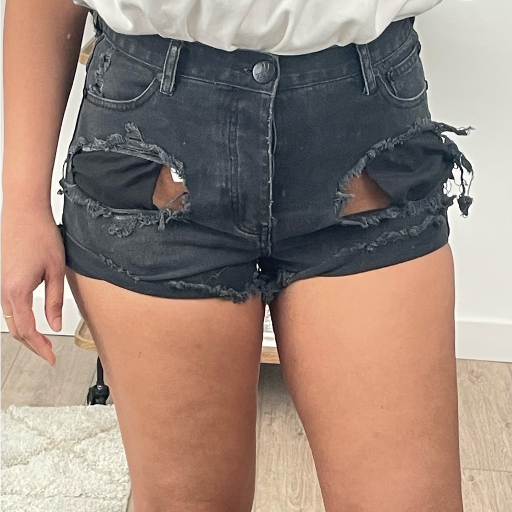 High-Rise Distressed Black Denim Shorts